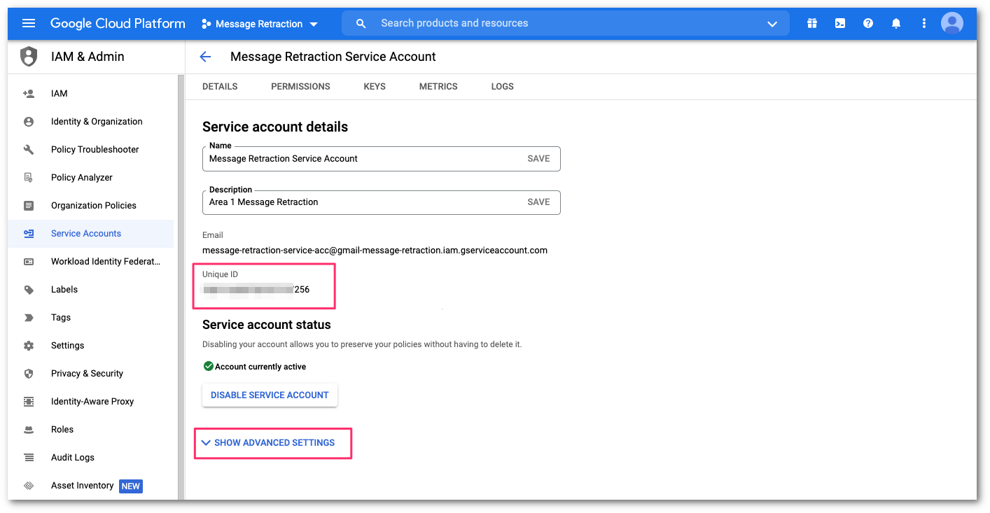 Take note of the Unique ID code, and then select Show advanced settings